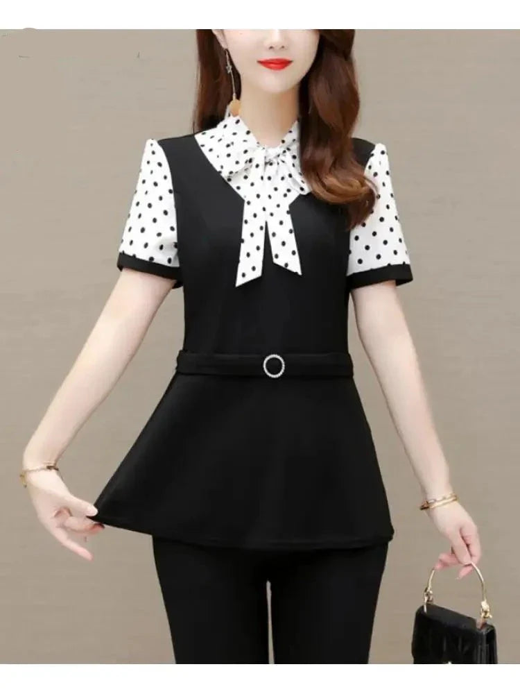 Eleganza Zomer Dames Vintage Losse Peplum Top met Zwarte Strikstrik