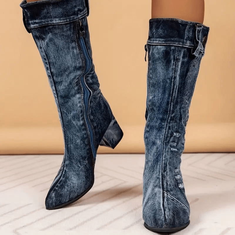Dames Cowboy Boots Denimblauw Halfhoog Model