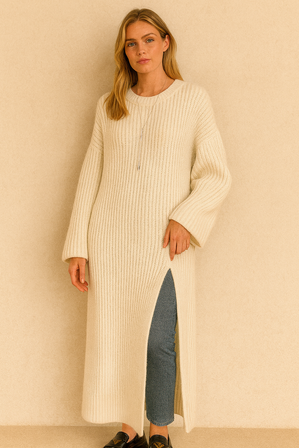 Dames Gebreide Lange Jurk Elegante Stijlvolle Design