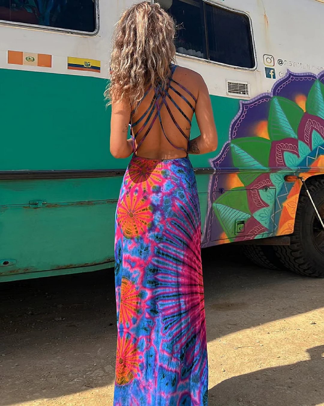 Maxi Jurk Kant en Tie-Dye Print Zomerjurk Vrouw
