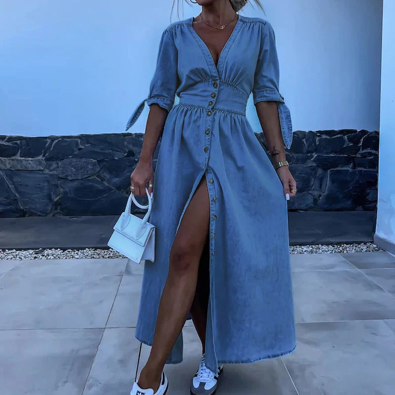 Maxi Jurk Denim Blauw met Knopen en Strikmouwen