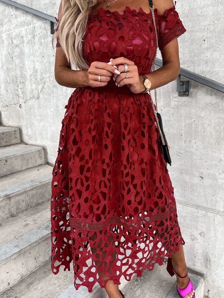 GlamourBloom Off Shoulder Midi Jurk