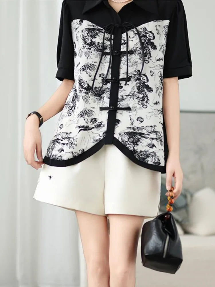 Oversized Zomer Chinese Stijl Print Shirts Tops voor Dames