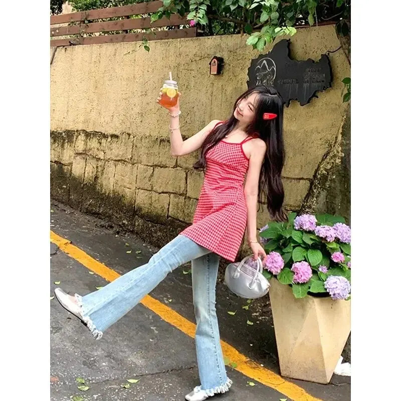 Petite Rode Geruite Tankjurk Zomerfrisse Stijl