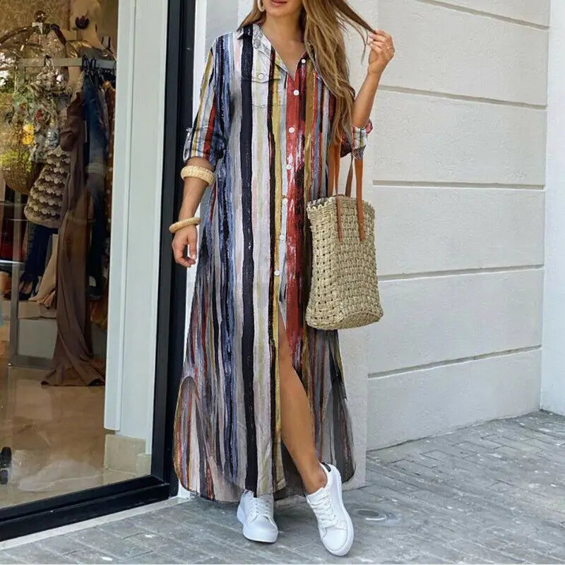 Maxi Denim Jurk met Relaxte Pasvorm en Shirtkraag