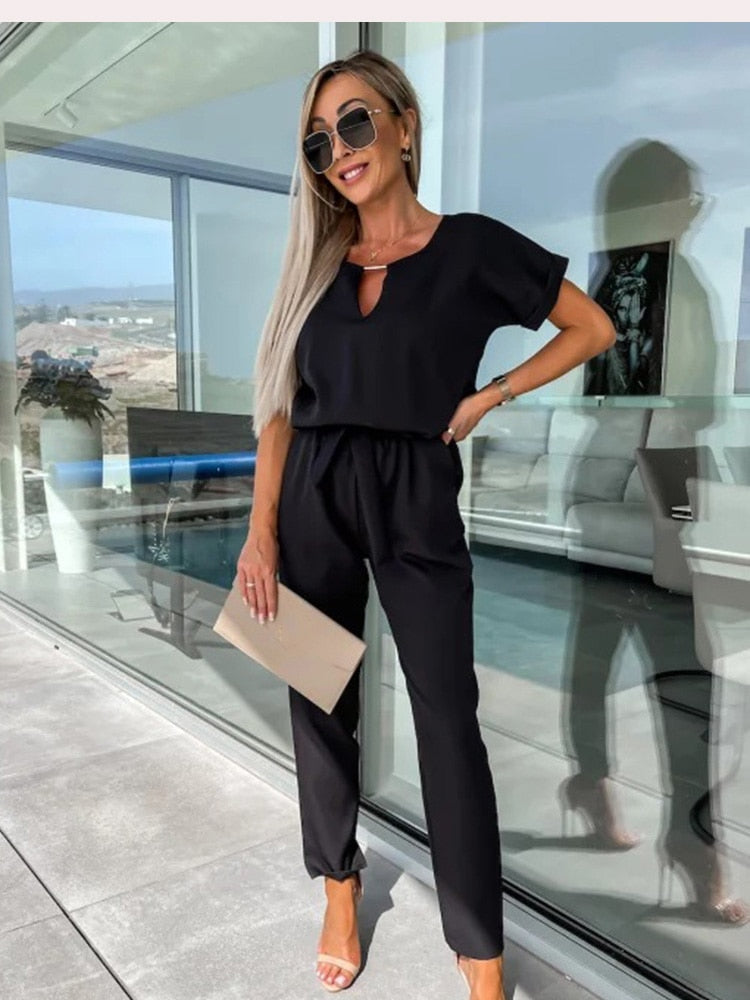 Dames Jumpsuit Korte Mouwen met Ceintuur Elegant