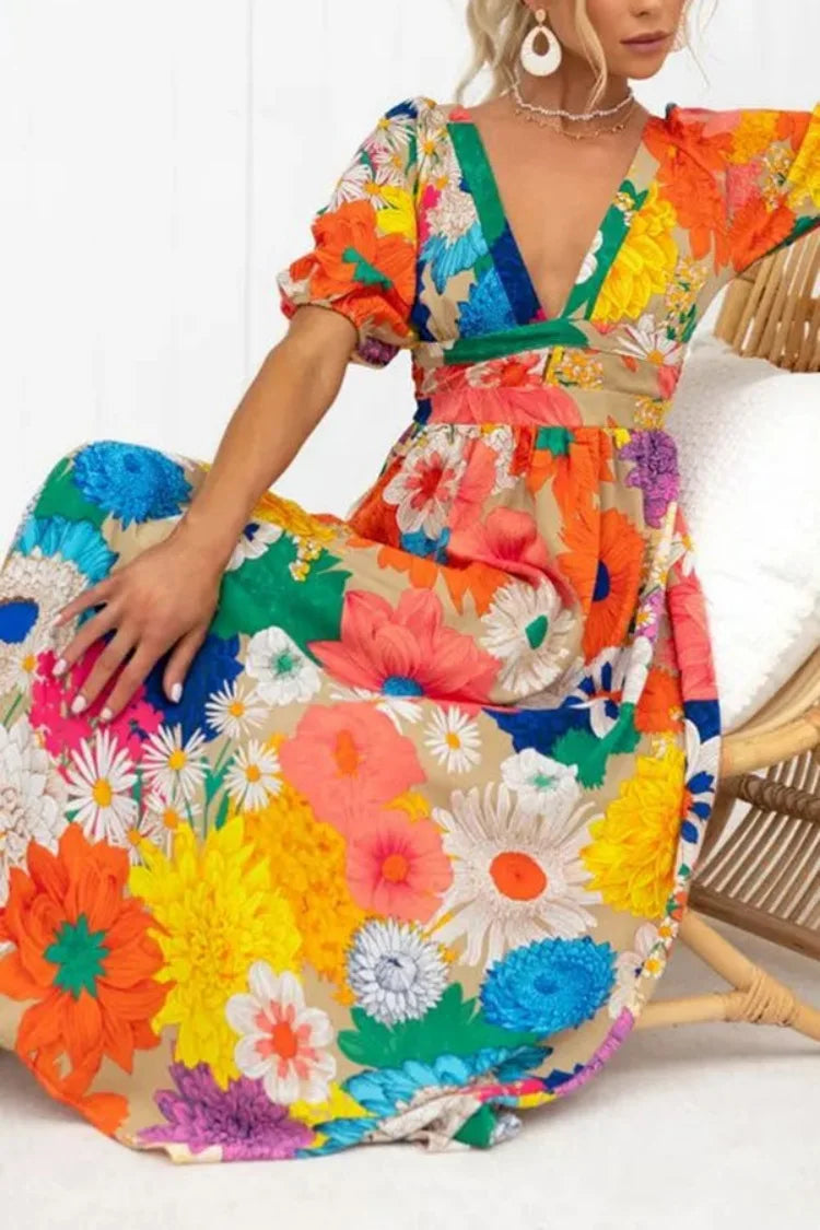 Vrouwelijke Jurk met Pofmouwen en Bloemenprint