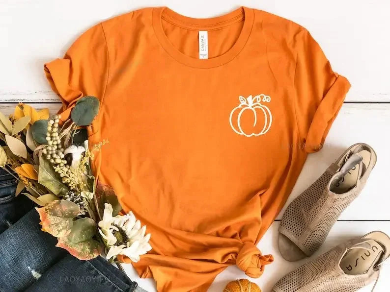 Mila | Kawaii herfst T-shirt met pompoenprint voor dames | Oranje