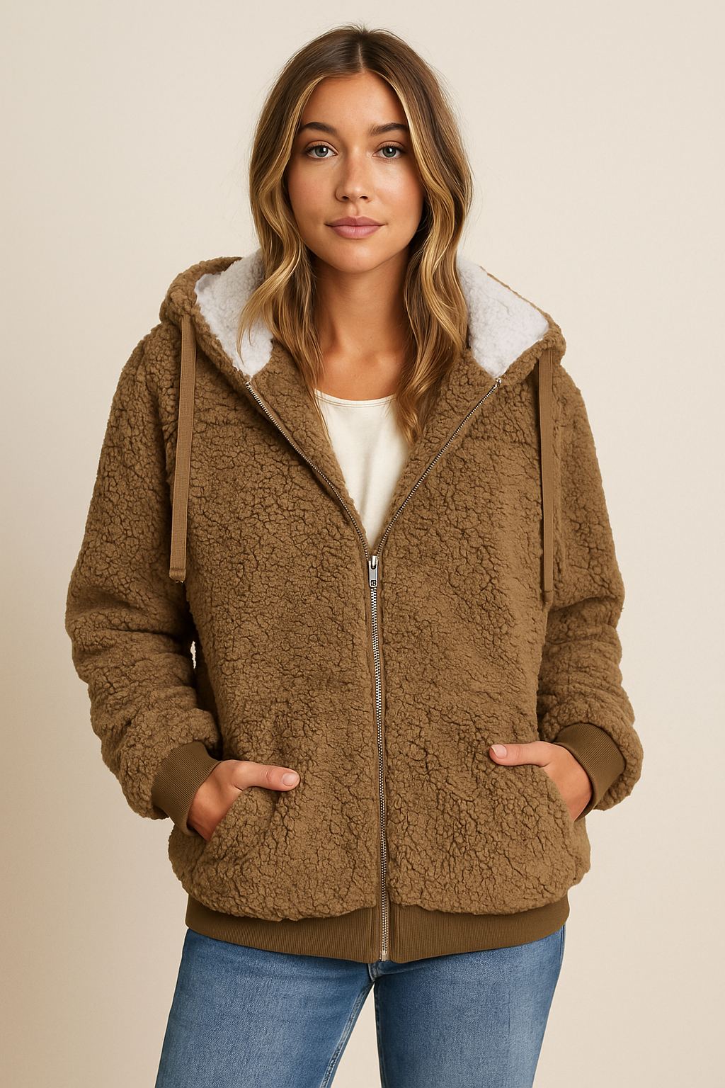 Dames Fleece Hoodie Rits Capuchon Zwart Wit