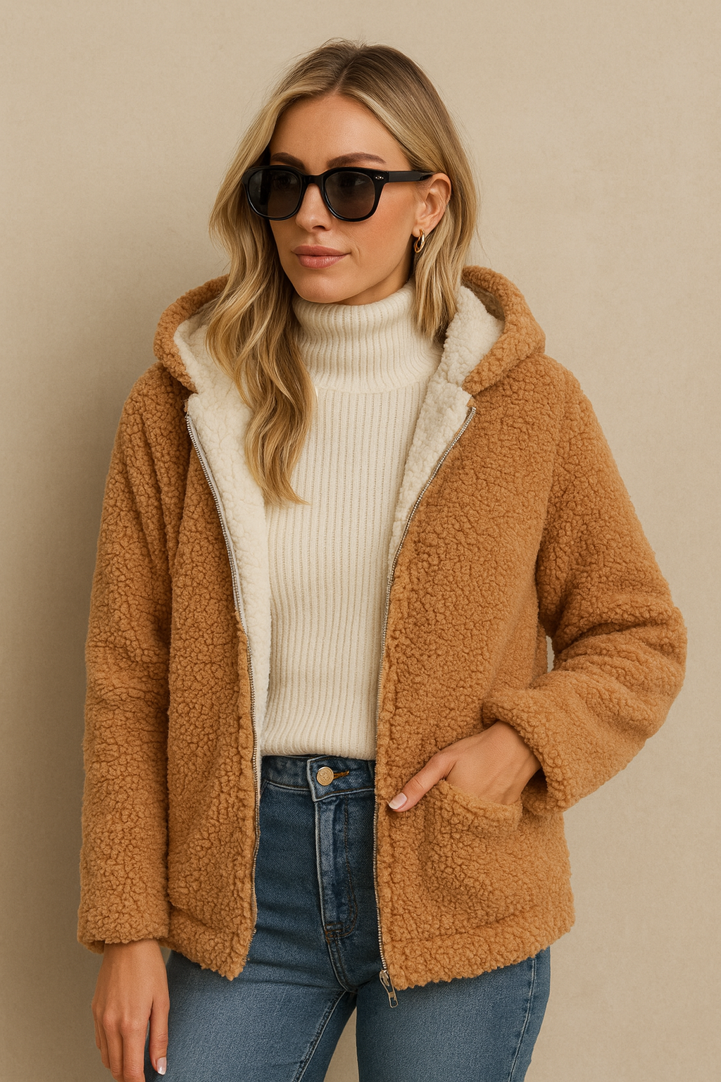 Dames Teddyjas Beige Plush met Capuchon Elegante Warme Winterjas