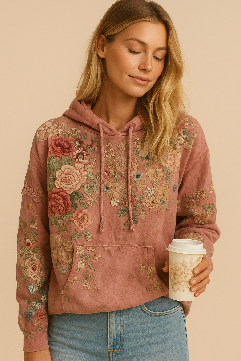 Dames Hoodie met Bloemen Print Vintage Stijl