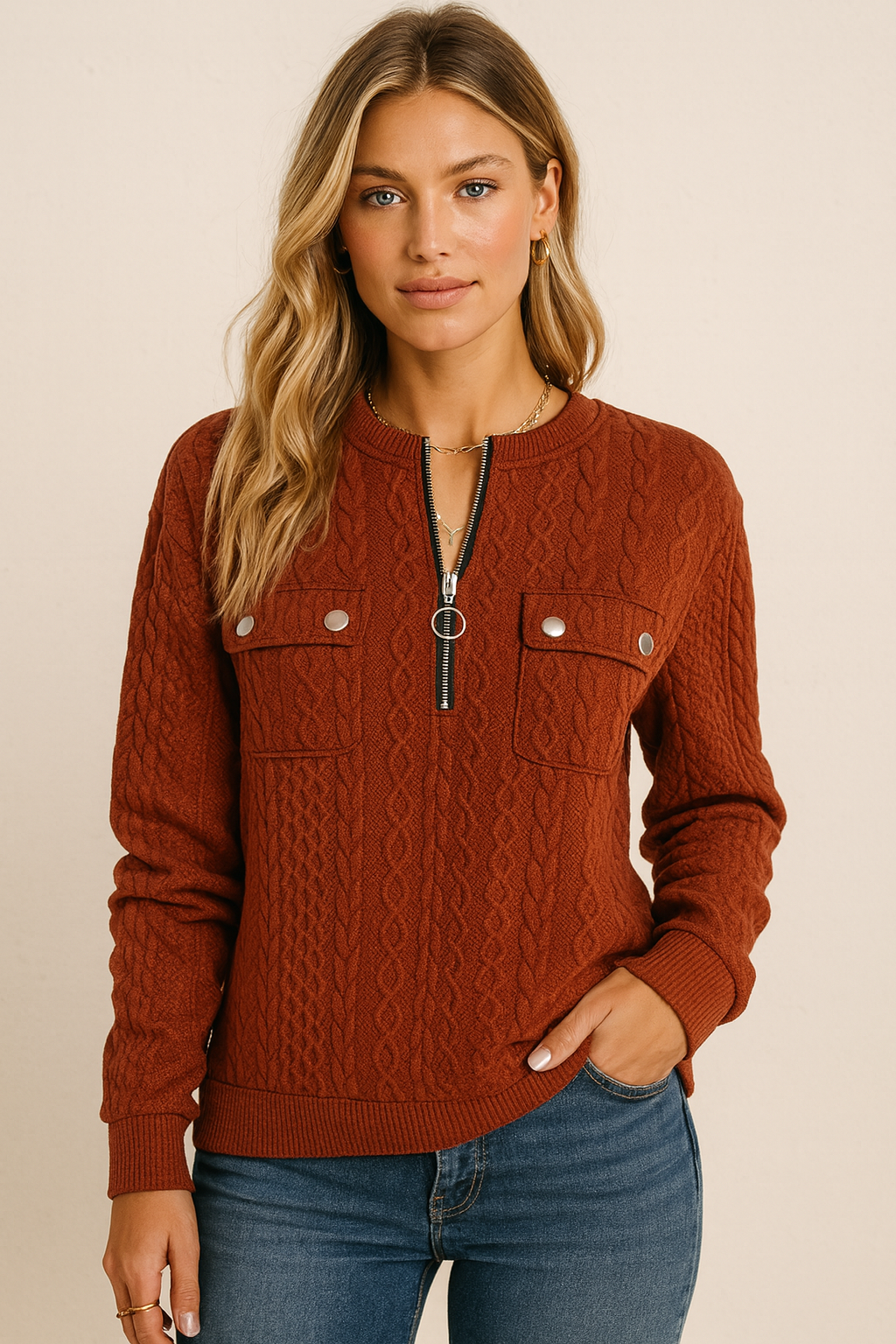 Dames Sweater Top met Rits en Zakken Sienna