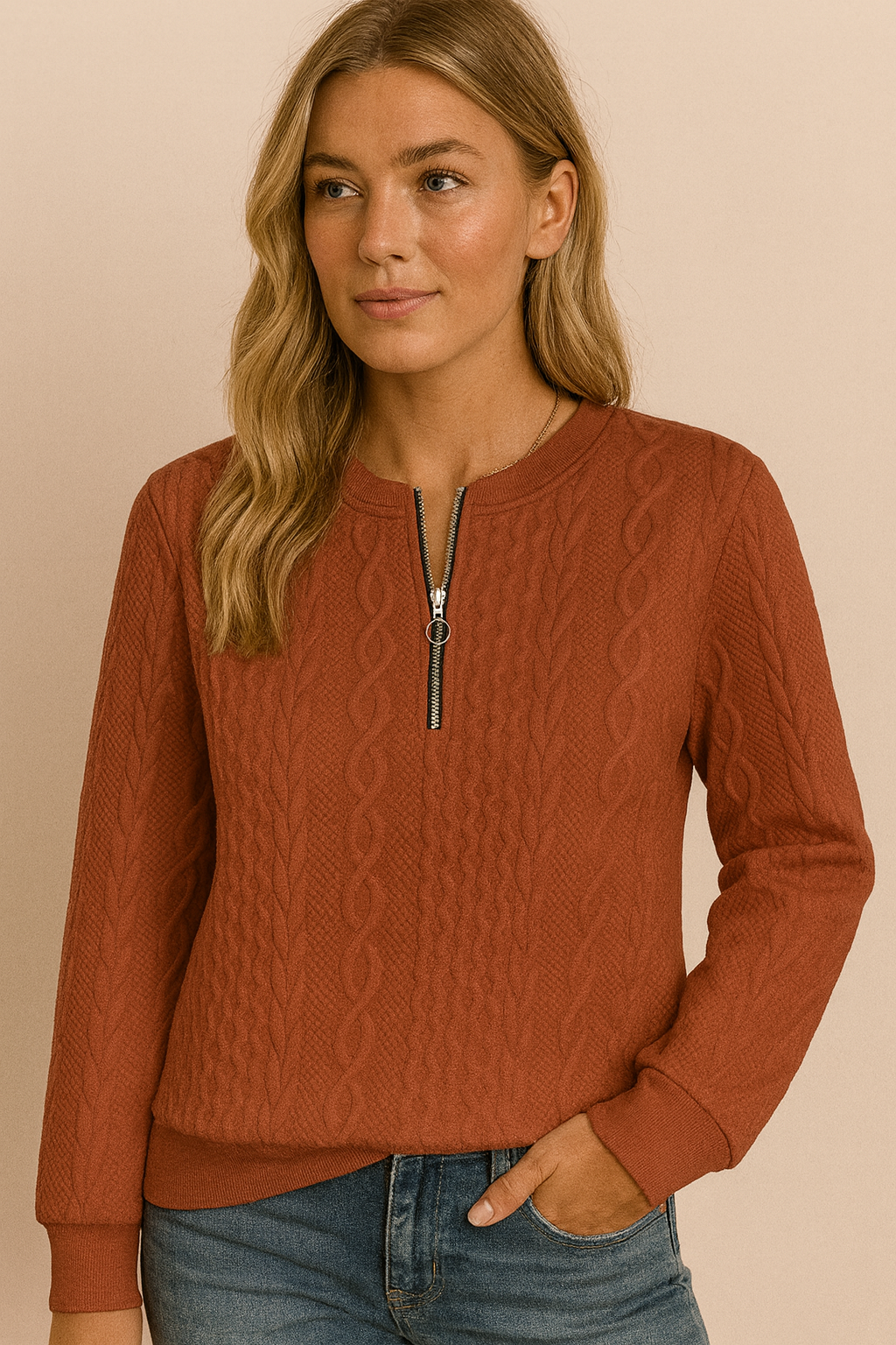 Dames Sweater Top met Rits en Kabel Patroon