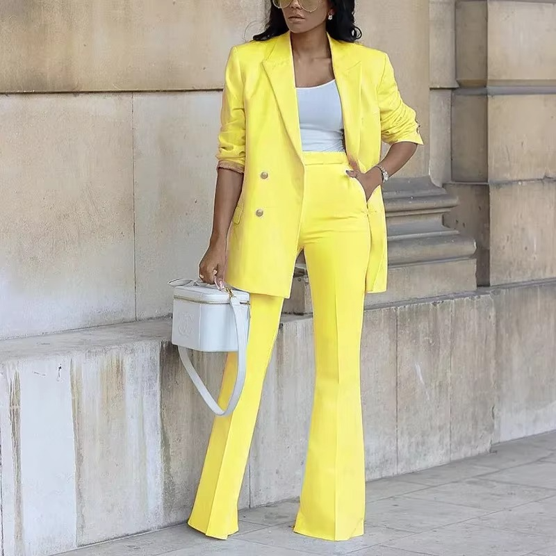 Elegante Dames Blazer met Knoopsluiting & Flared Broek – Tweedelige Set voor Elk Seizoen