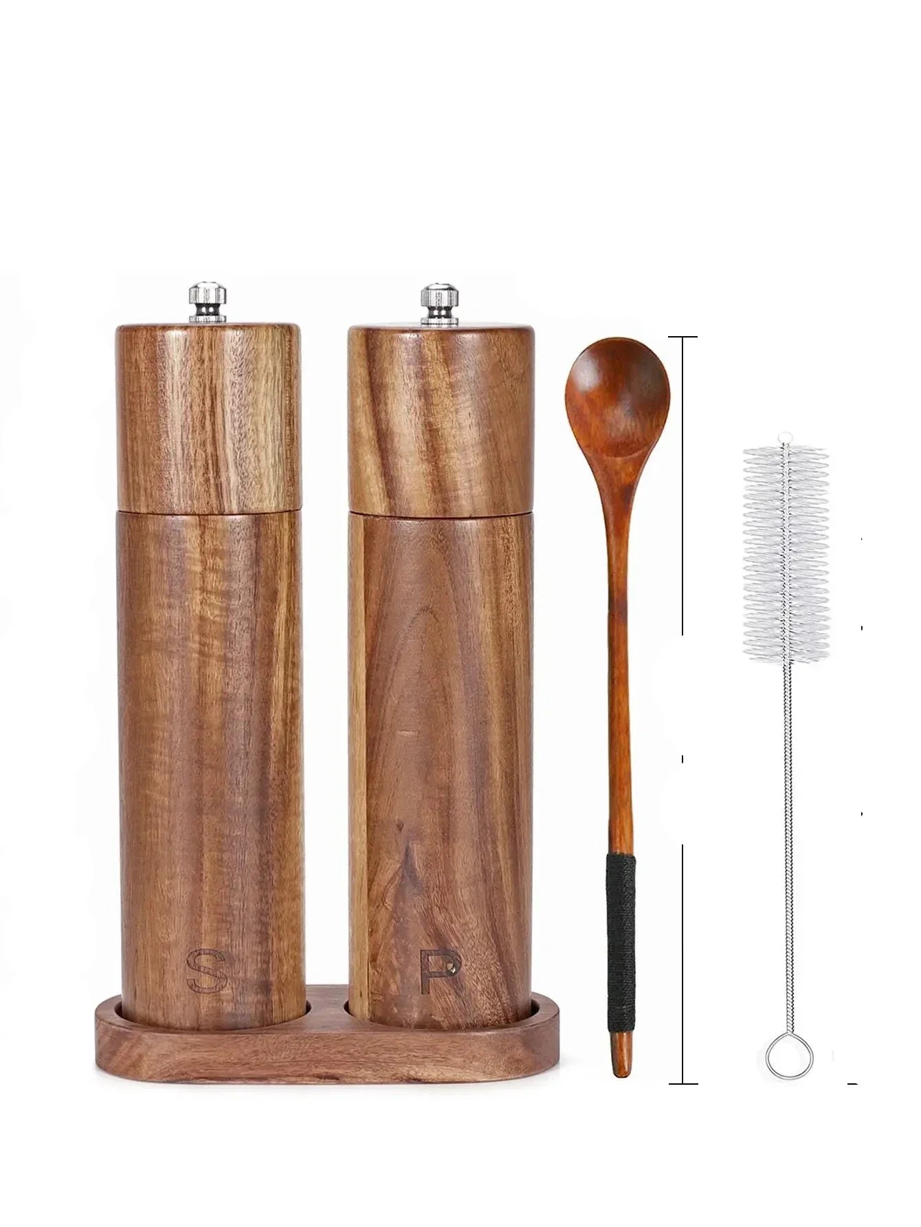 Houten Pepermolen en Zoutmolen Set met Dienblad