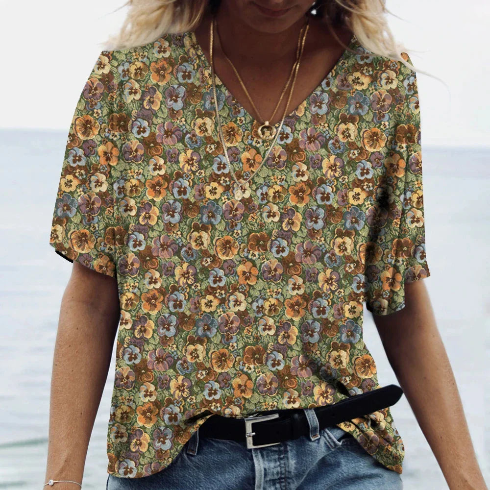 V-hals Shirt Korte Mouwen Zomerse Stijl