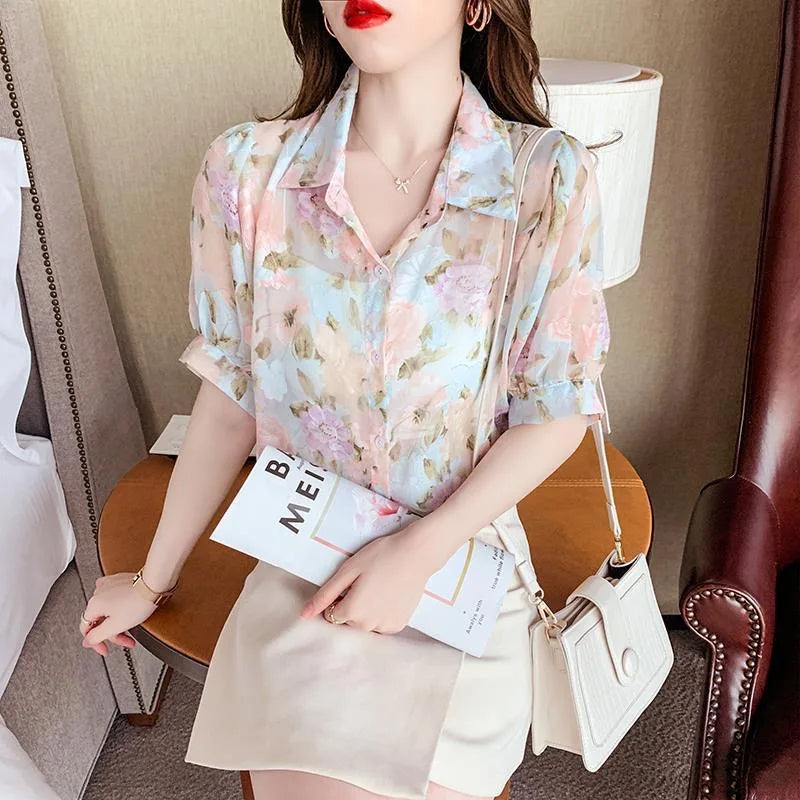 Zomerse Chiffon Blouse met Korte Mouwen