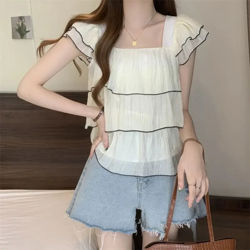 Bellissima Trendy Ruches Zoete Chic Blouse met Vierkante Kraag