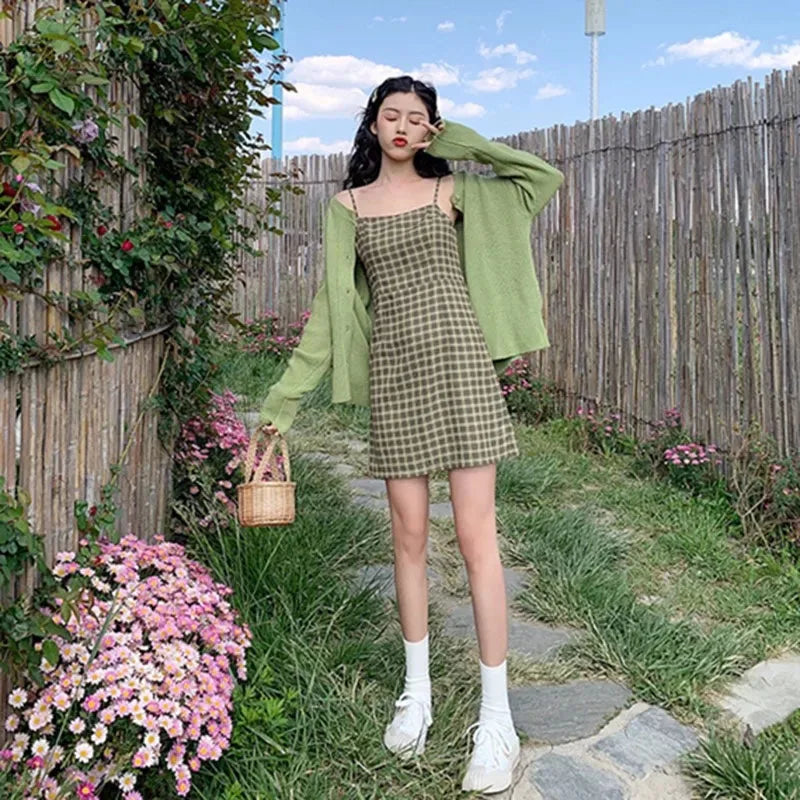 Zoki's Avocado Groene Vintage Ruit Jurk - Zomerse Elegante Klasse