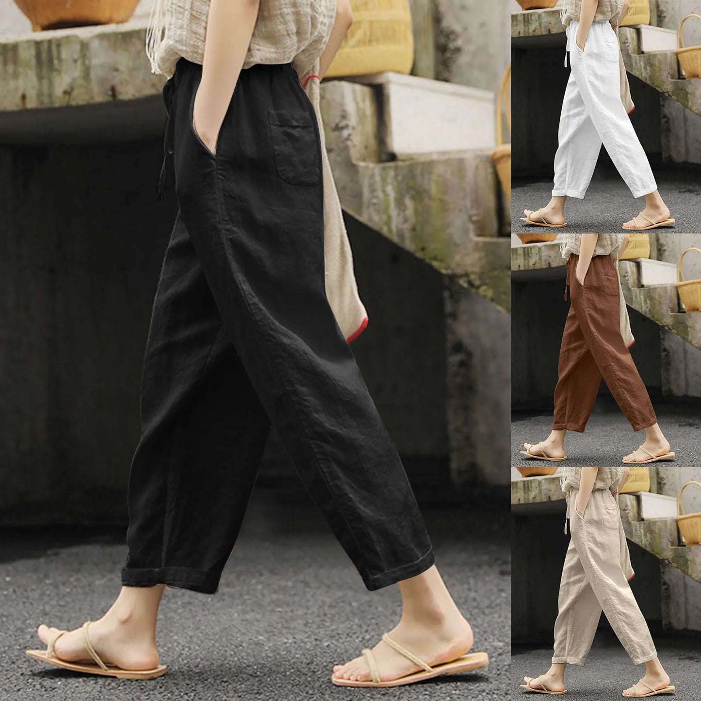 Zomerse Casual Dunne Broek Dames Katoen Linnen Effen Kleur Zakken Trekkoord Broek