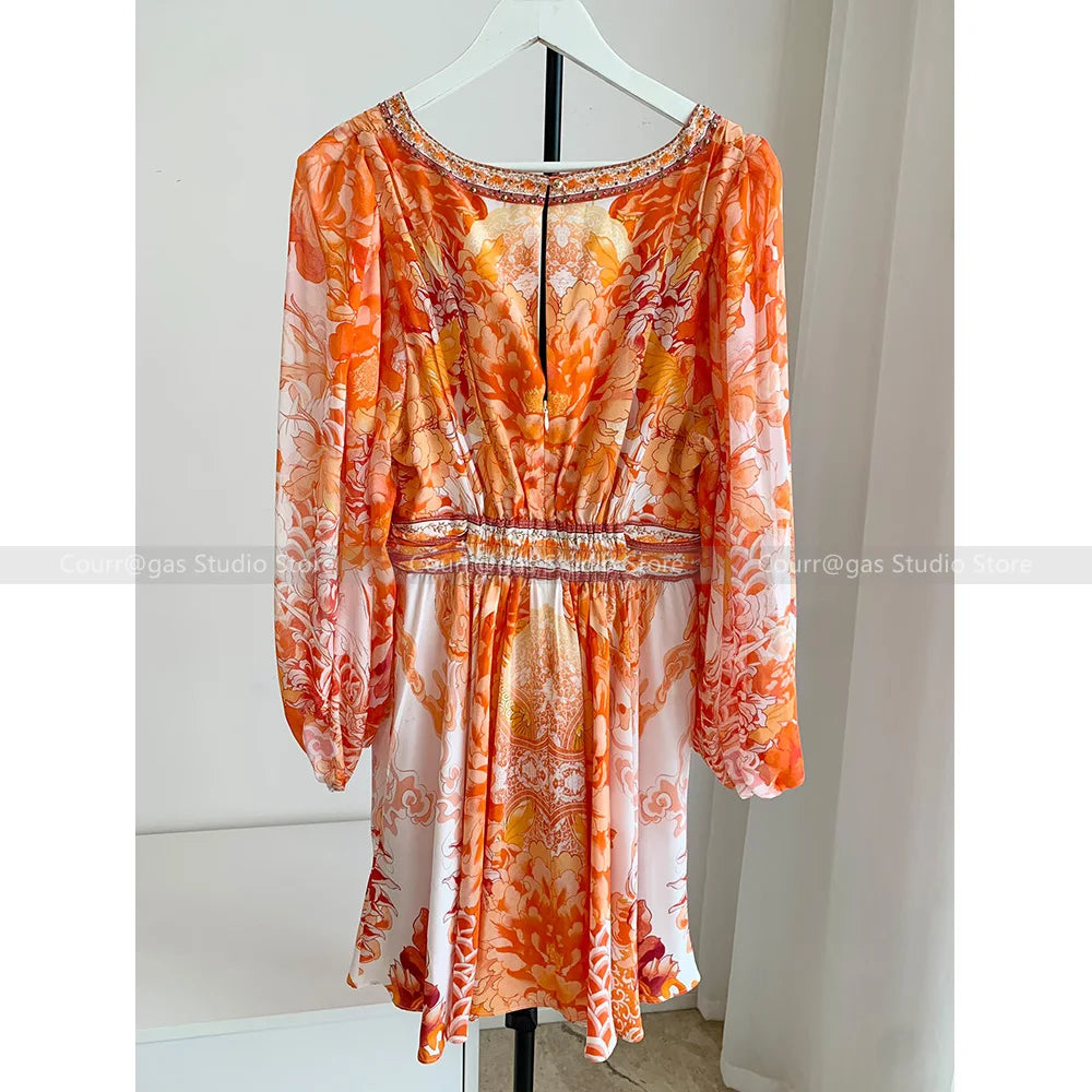 ModeMysterie Diepe V Vakantie Diner Zomerjurk met Oranje Print