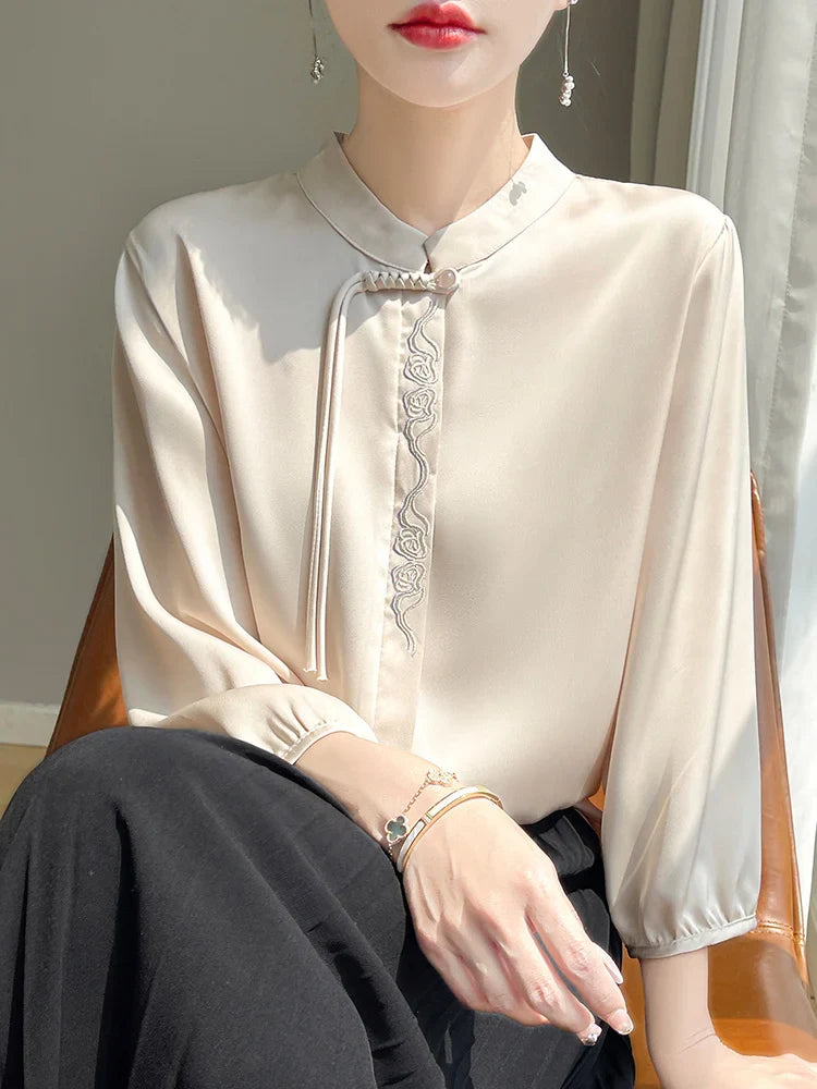 Glinsterende Topaz Zomerelegante Zijden Blouse