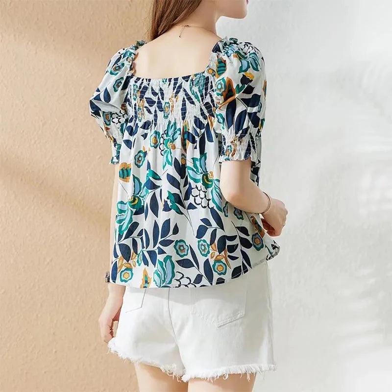 Zomerblouse met Vierkante Halslijn en Koreaanse Pofmouwen