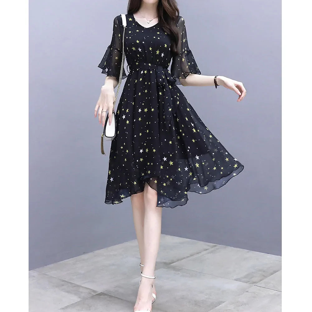 Zomerse Sterren Print Jurk met Flare Mouwen