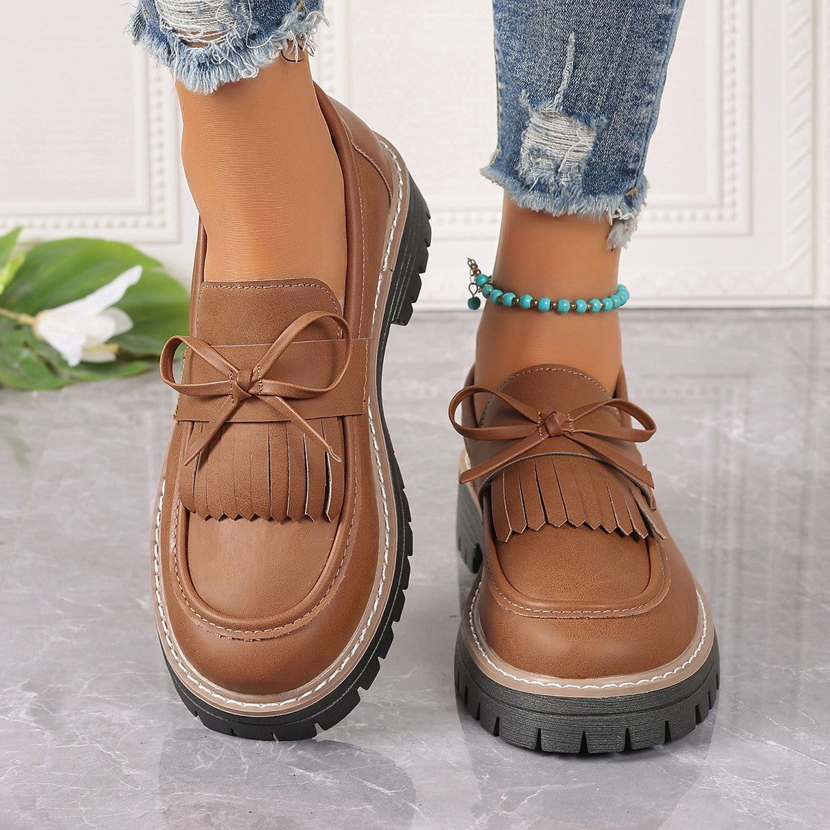 Dames Loafers met Strik en Franje Dikke Zool