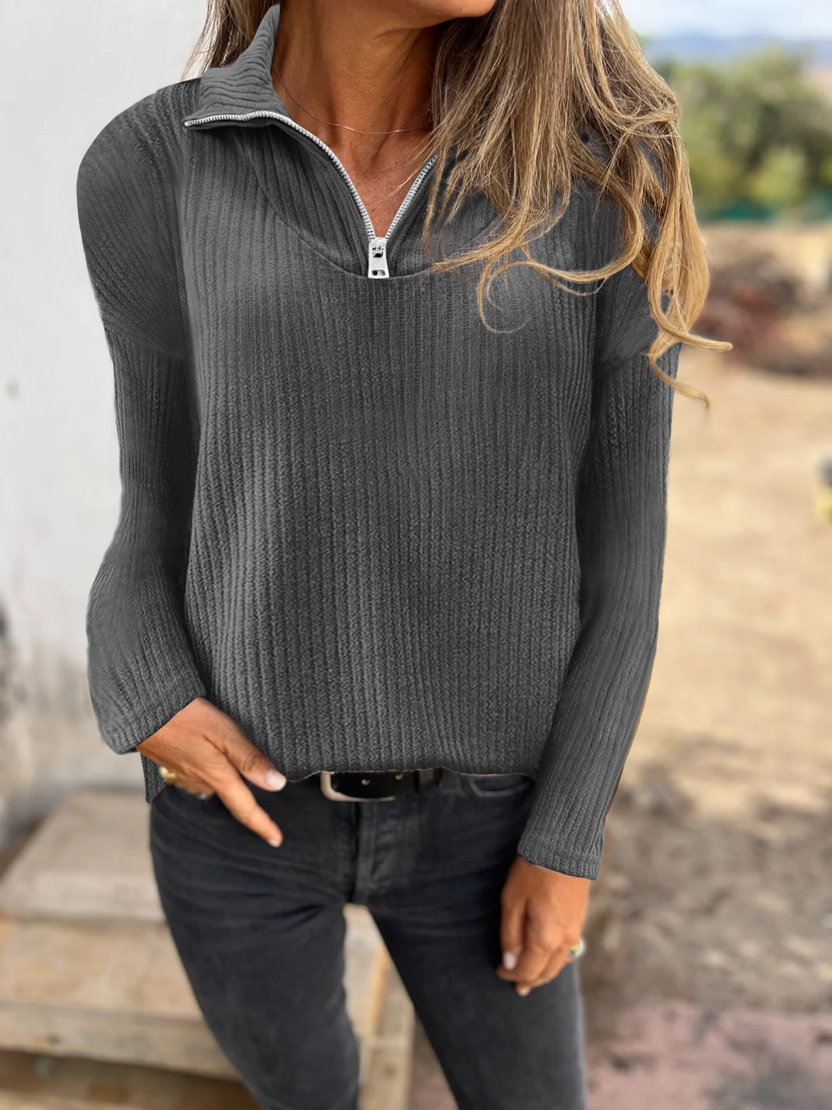 Dames Trui met Halve Rits en Ribbelstructuur Elegante Basislook