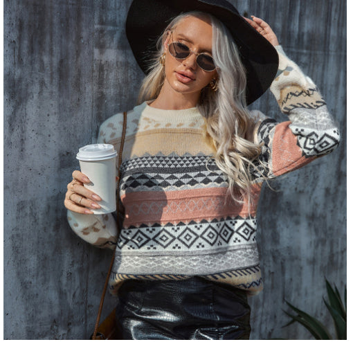 Dames Trui Warm Gebreid Aztec Print Rensy