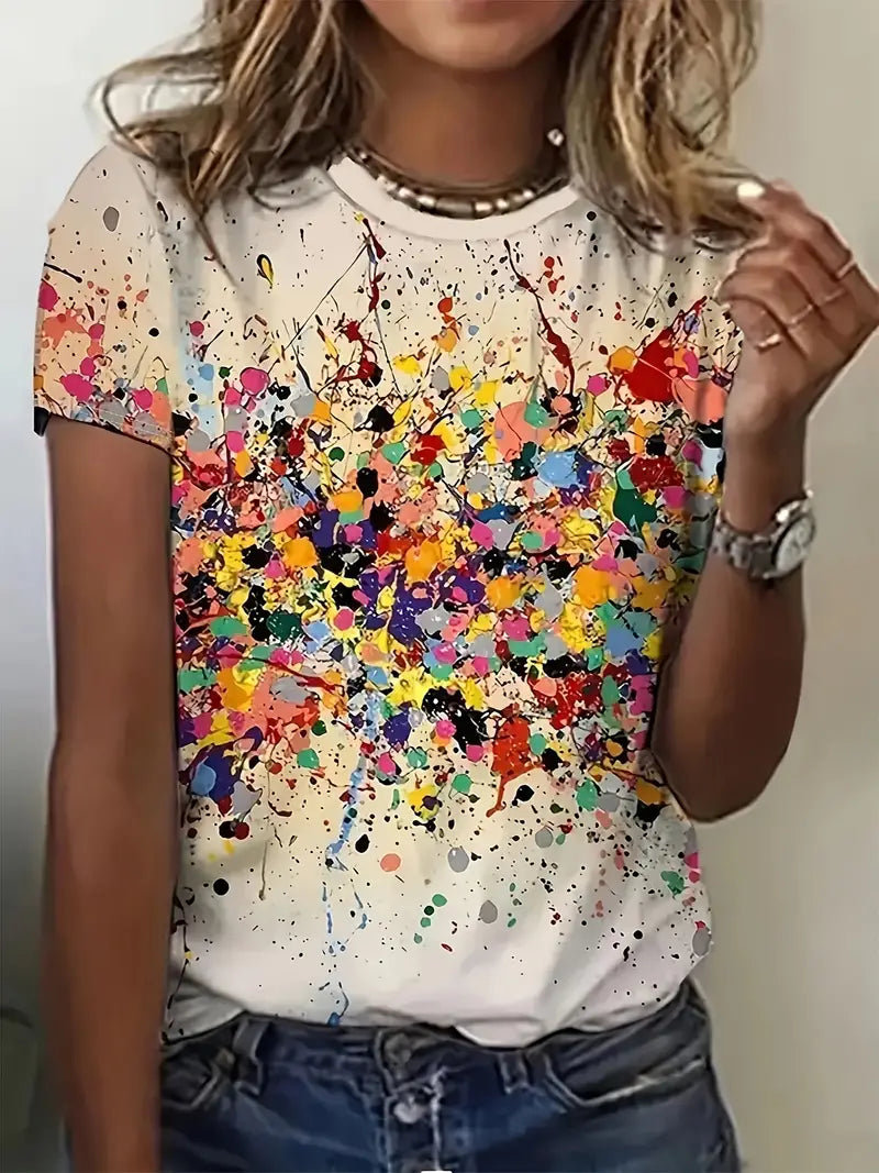 Vrouwelijk T-shirt Ronde Hals Kleurrijke Print - Mode Vibes