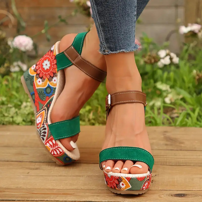 Dames Sandalen met Sleehak en Bloemenprint