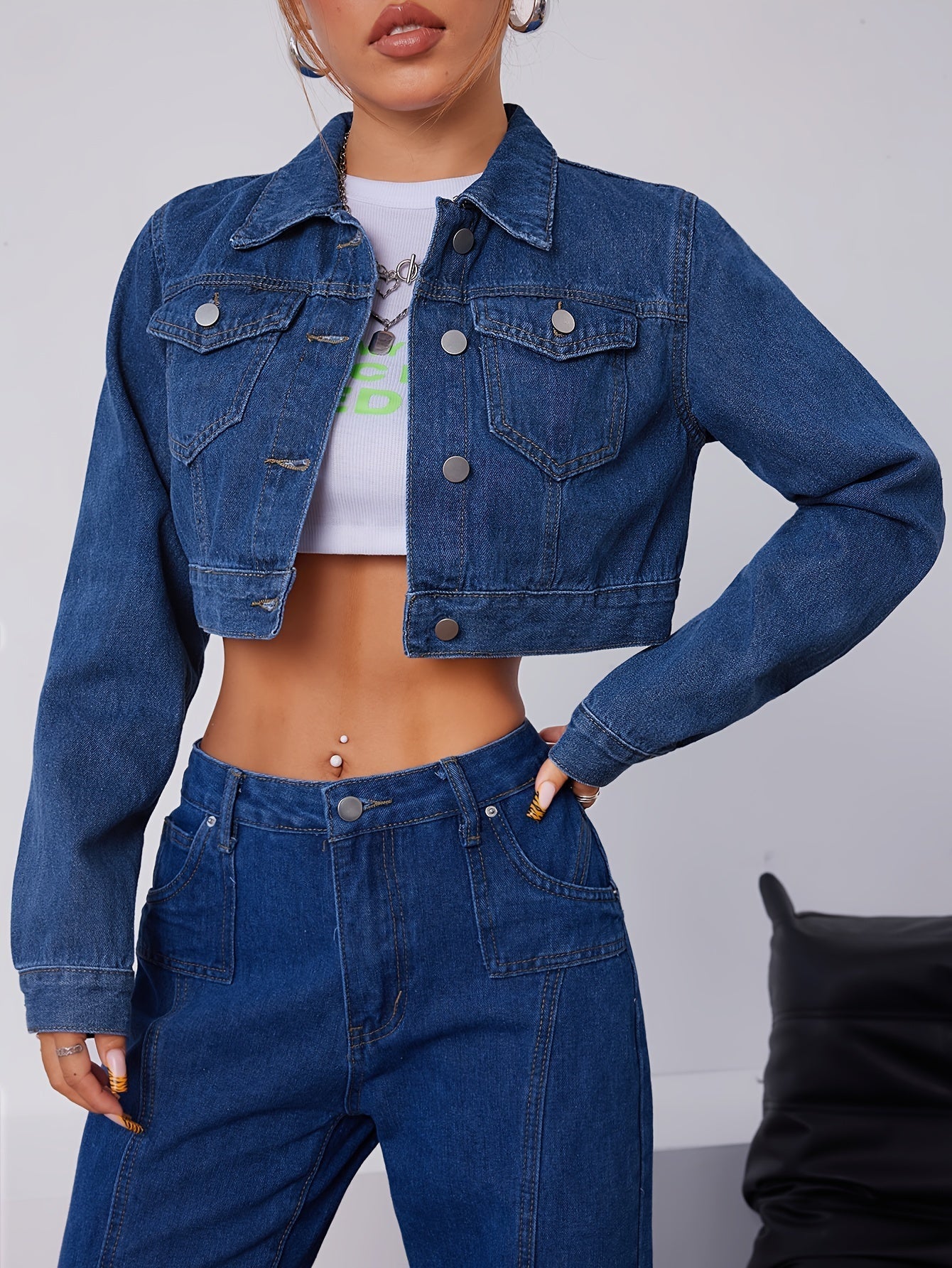 Klassiek Kort Lederen Spijkerjack Blauw Vintage Stijl