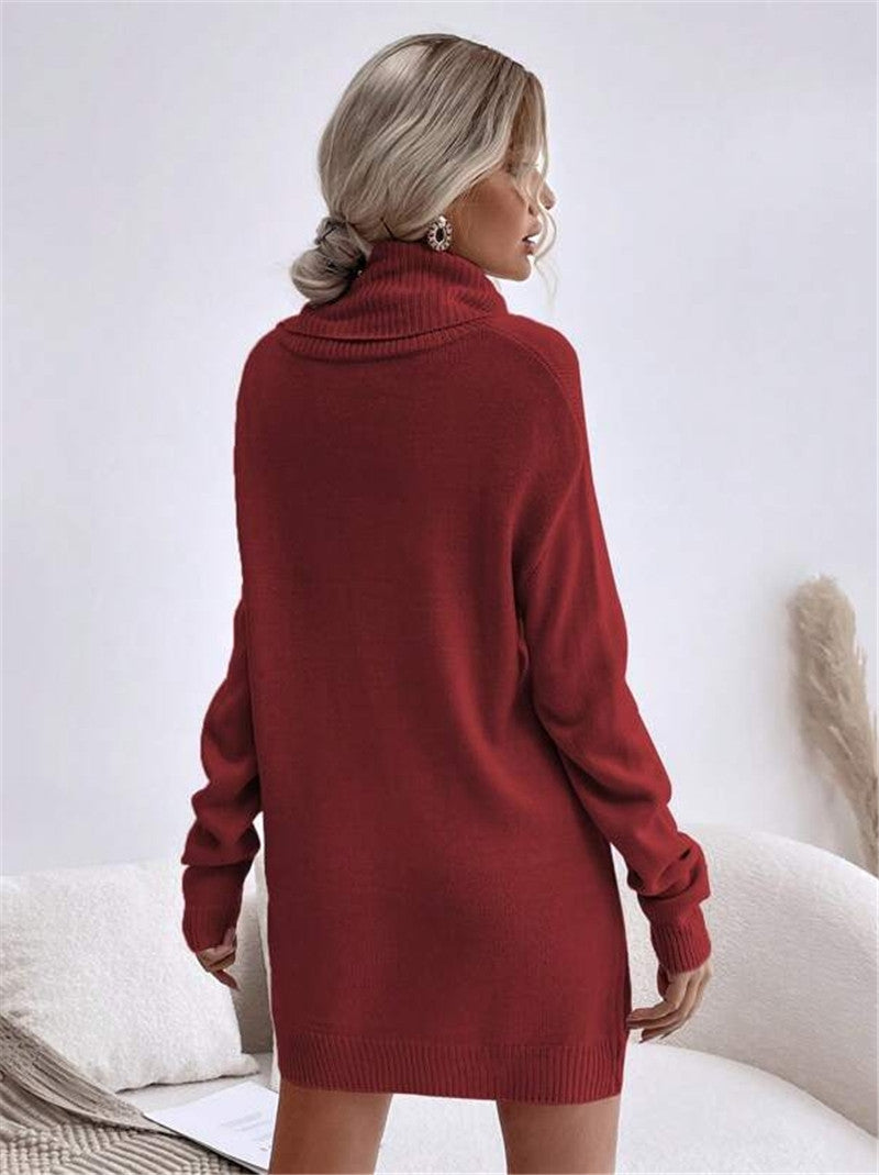 Dames Trui Jurk Gebreid met Hoge Kraag Warm en Stijlvol