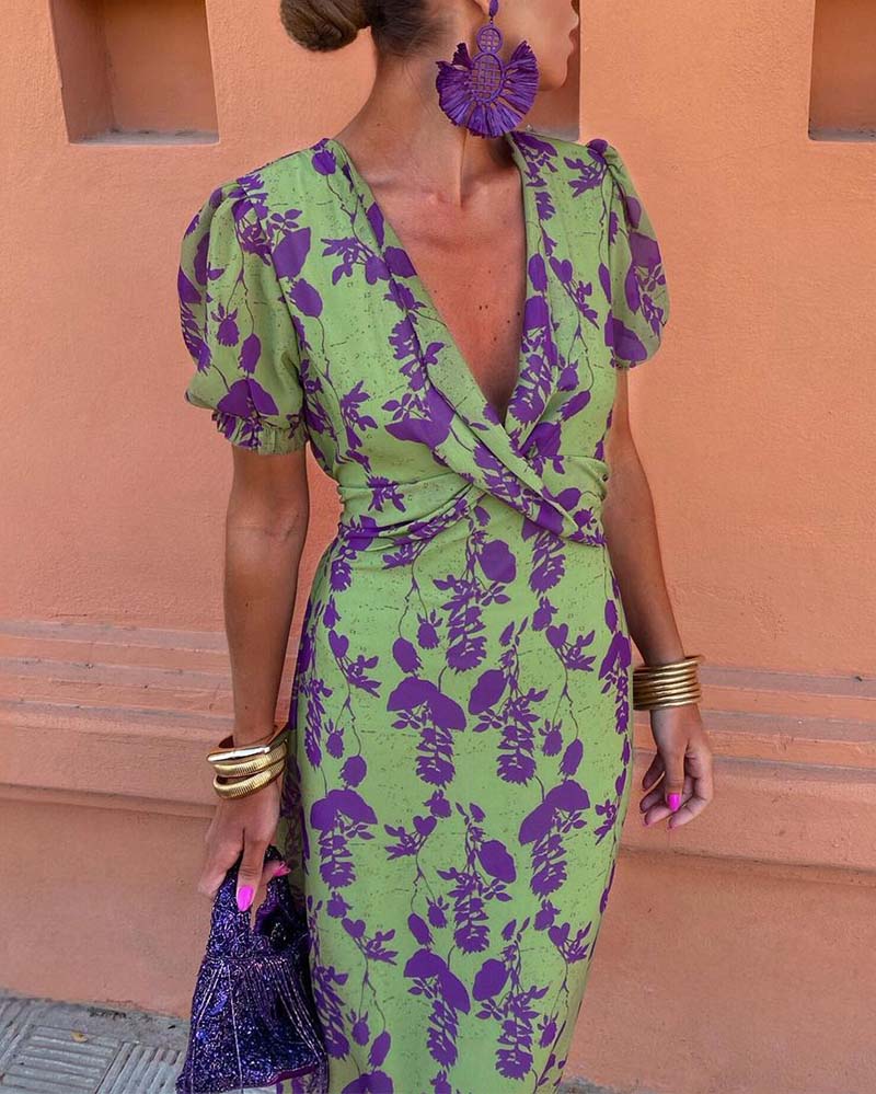 Lente Jurk Katoenmix Bladerenpatroon Zomerjurk Elegant
