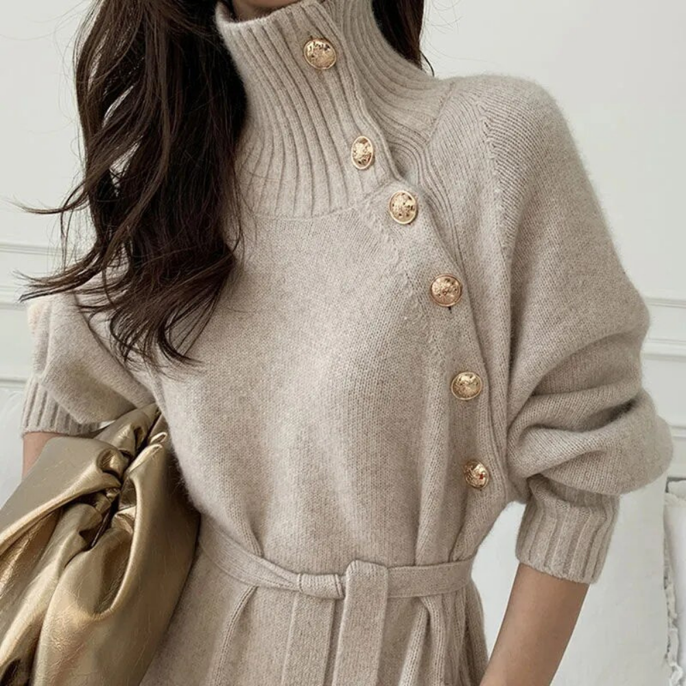 Eva | Luxe damesjurk in de kleur Beige voor dames in stijl ideaal voor de herfst.