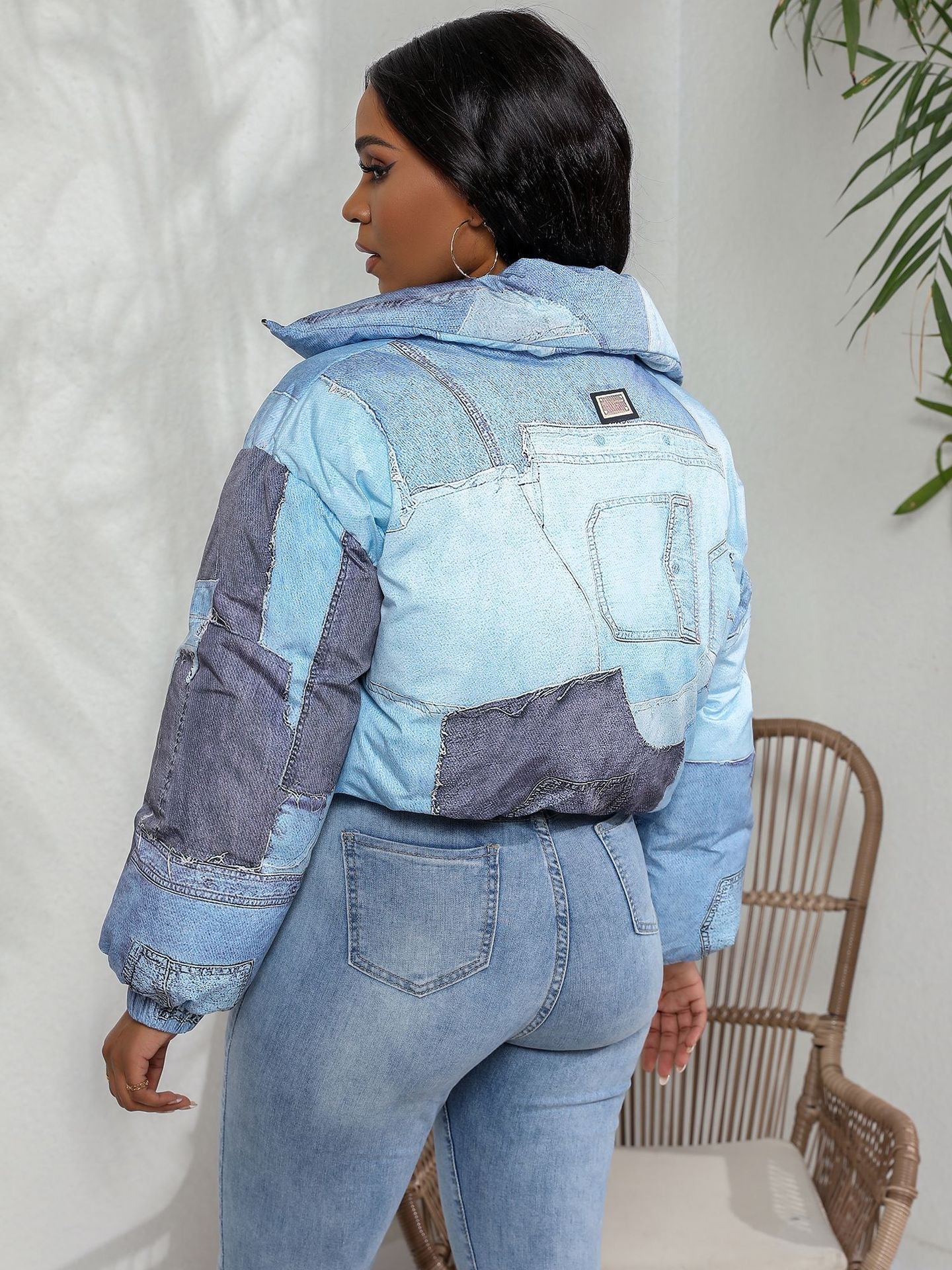 Dames Puffer Jas Warm Met Denim Print