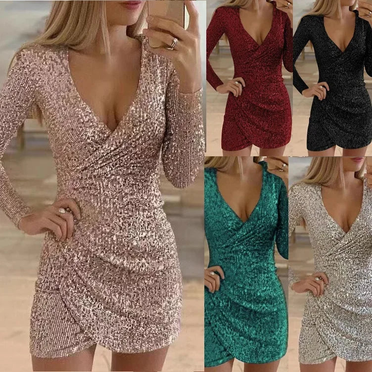 Glitter Mini Jurk V-Hals Feestelijke Kleding