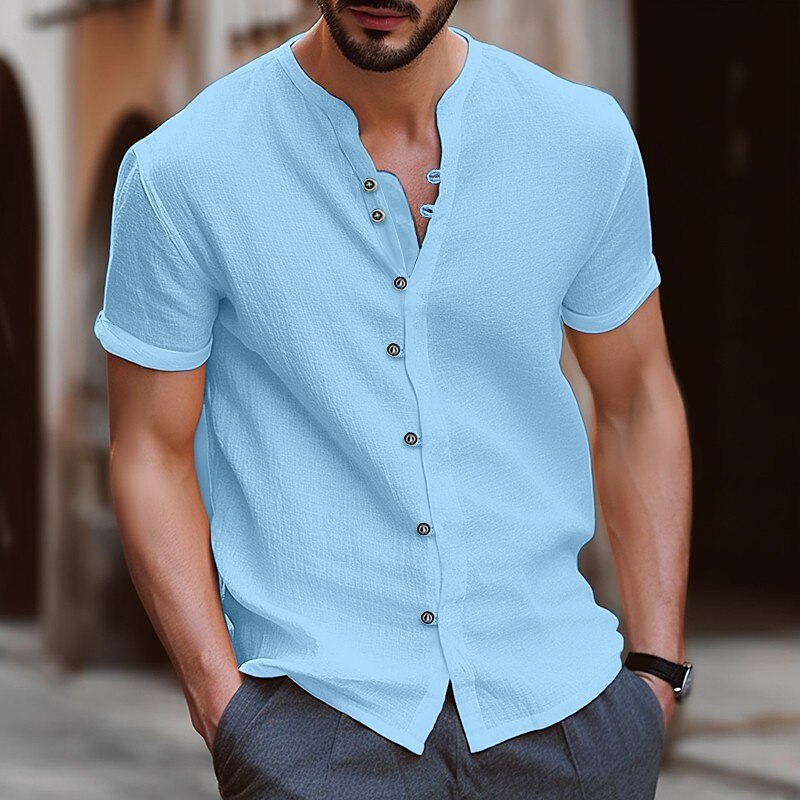 James | Linnen herenoverhemd met mock hals in de kleur Blauw voor heren in stijl ideaal voor de lente.