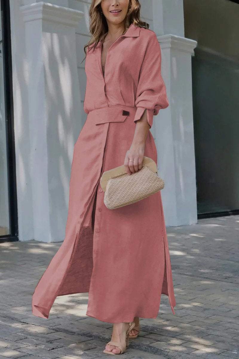 Dames maxi-jurk met v-hals en lange mouw
