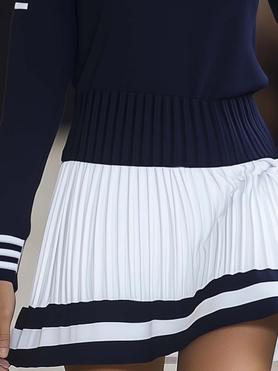 Dames Sportieve Mini Jurk met Ronde Hals in Marineblauw en Wit