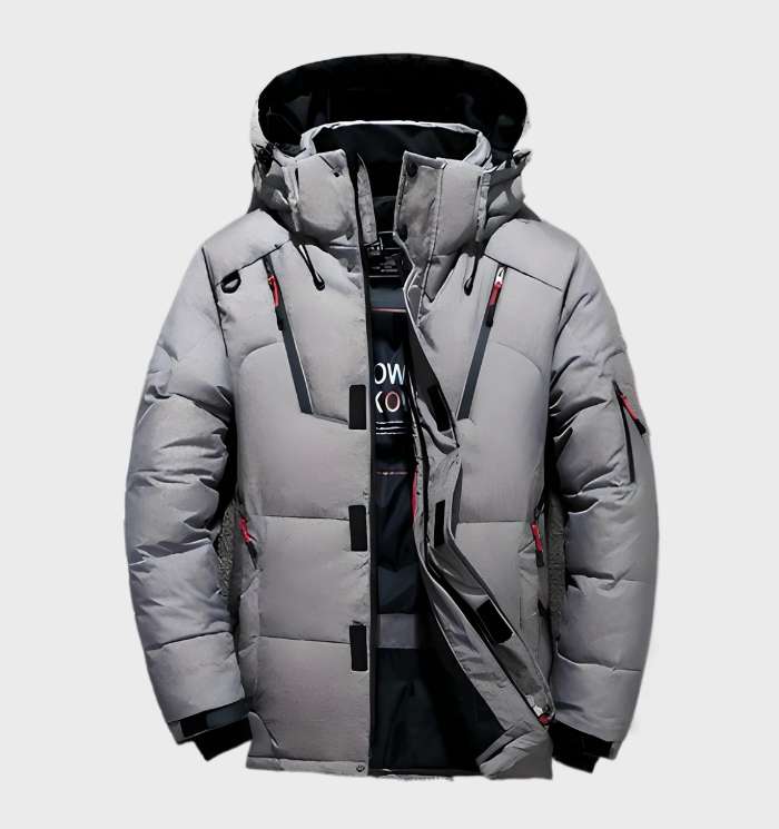 Lars | Dik en warm eendendonsjack met capuchon en zakken in de kleur Grijs voor heren in Lounge stijl ideaal voor de winter
