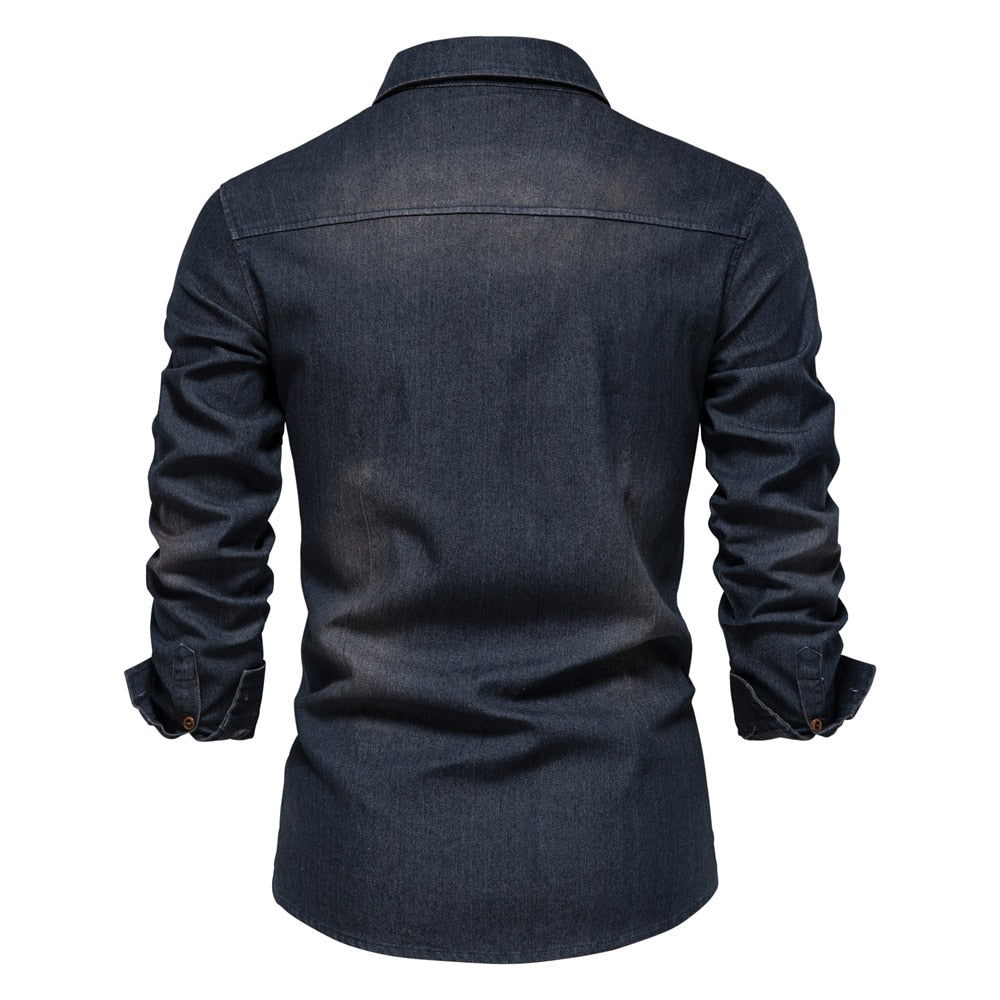 Heren Overhemd Blauwe Denim Klassiek