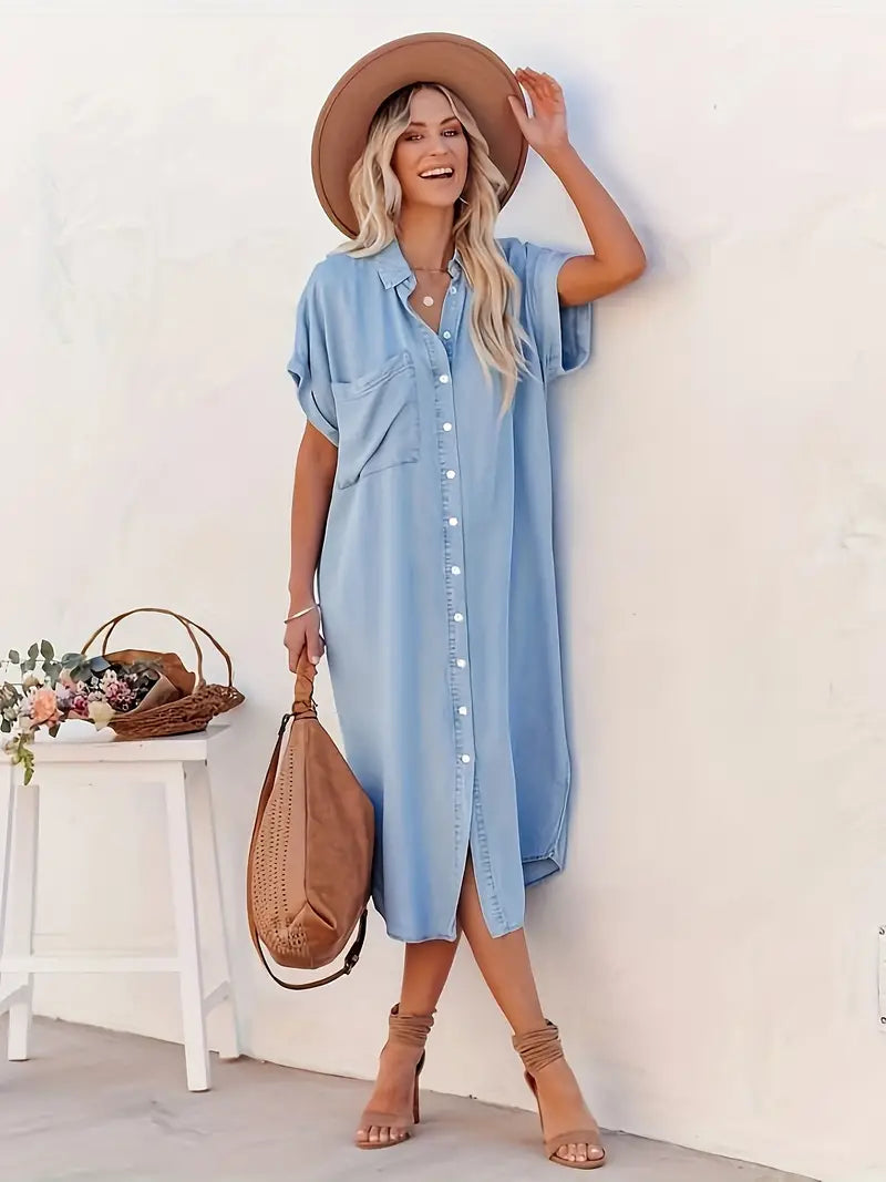 Lange blouse-jurk met knopen en zakken, korte mouwen