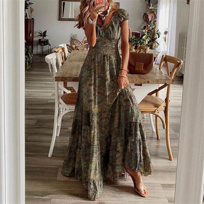 Dames Maxidress Boho Print V-hals Zomerjurk