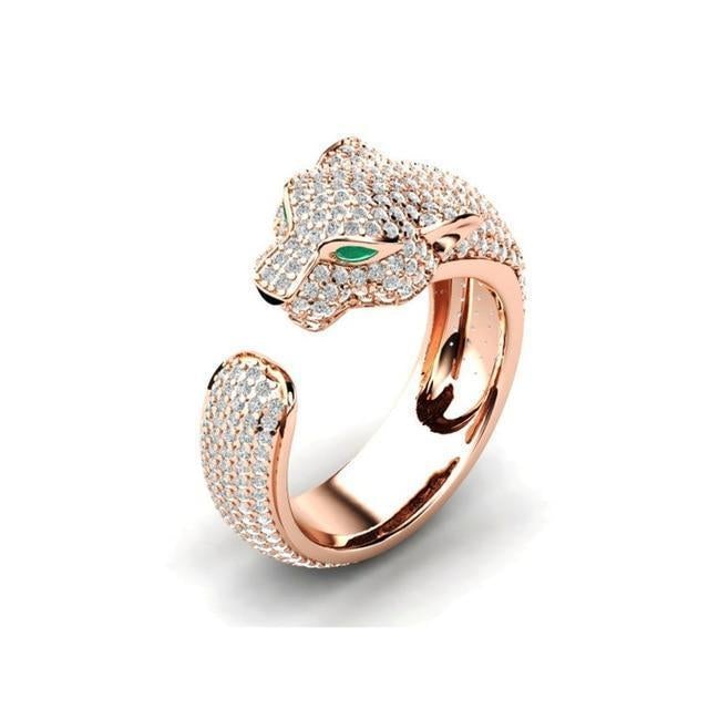Zilveren Panther Ring met Groene Zirkonia en Roségoud