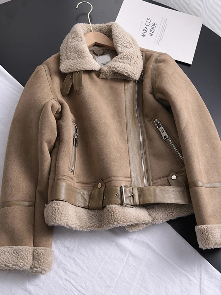 Dames Leren Jas met Shearling Voering – Asymmetrische Rits – Ceintuur – Wintermode