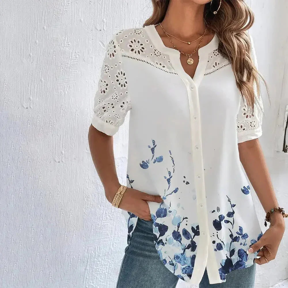 Vrouwelijke Blouse Kortemouwen Kanten Details