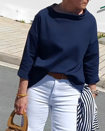 Dames Blouse met Hoge Kraag en 3/4 Mouwen – Stijlvol en Elegent